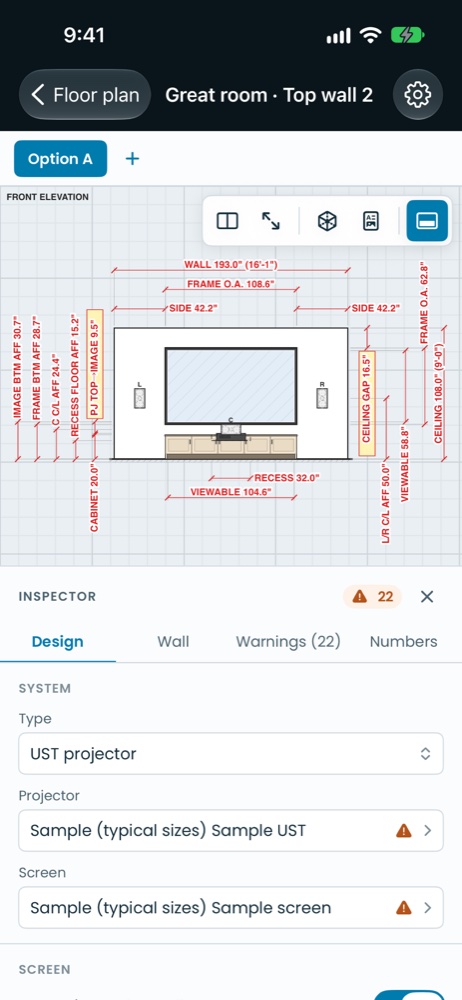 The media wall designer on iPhone, showing a dimensioned front elevation