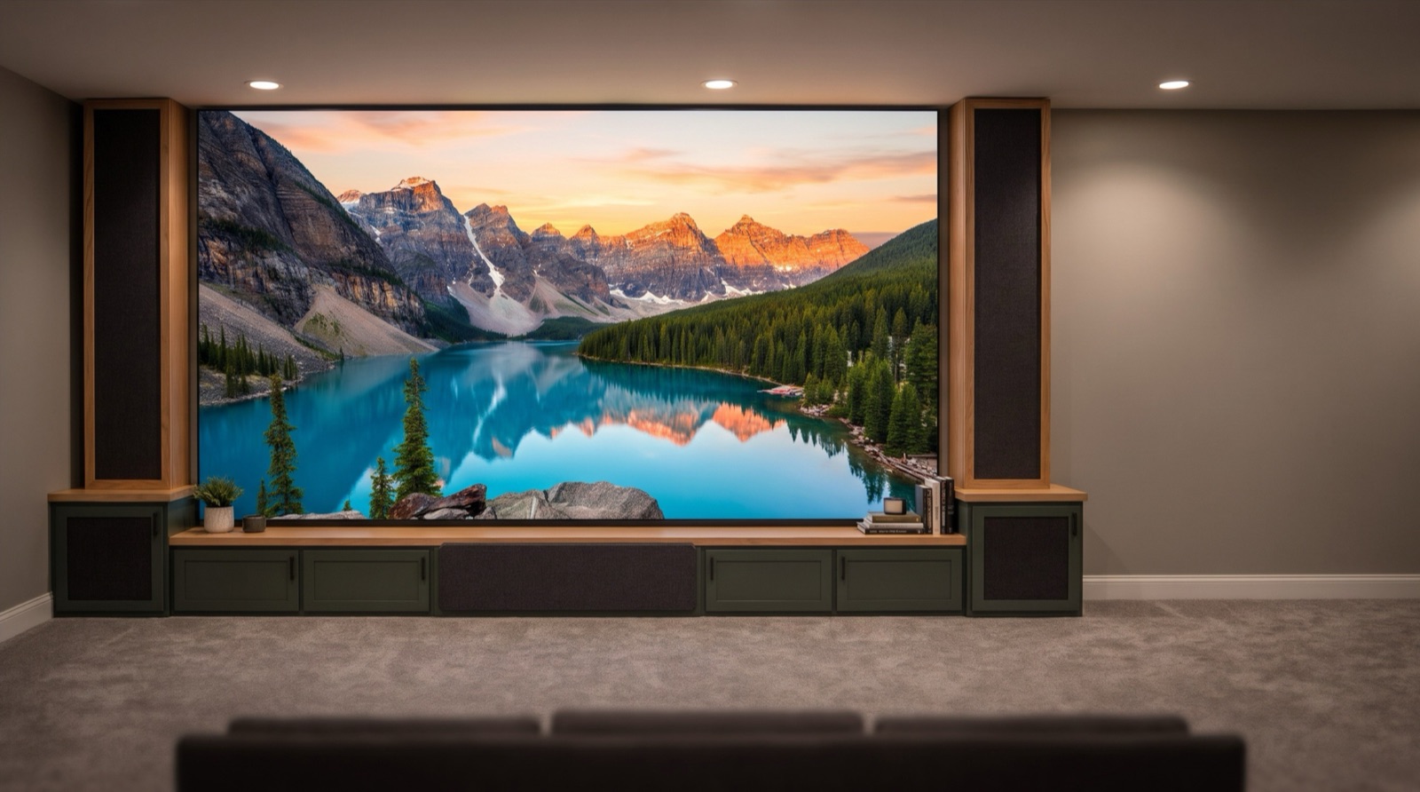 AI concept photo generated from a RoughLine AV media wall design: a large screen between fabric-covered speaker columns over a built-in green cabinet with an oak top