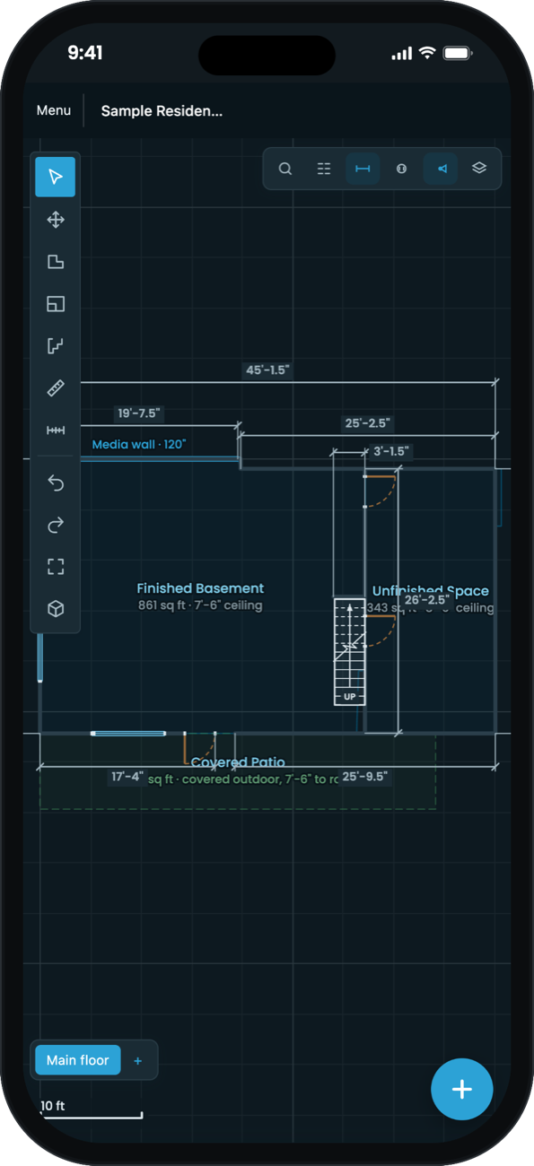 RoughLine AV on iPhone showing a LiDAR scan of a finished basement with measured walls, doors, windows, a stair and a covered patio